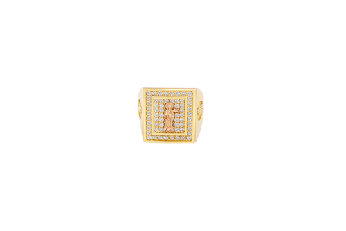 14KT Gold Ring Men's Two Tone Rectangle Standing Santa Muerte White CZ Top Border Side Design Praying Hands