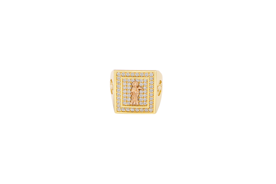 14KT Gold Ring Men's Two Tone Rectangle Standing Santa Muerte White CZ Top Border Side Design Praying Hands