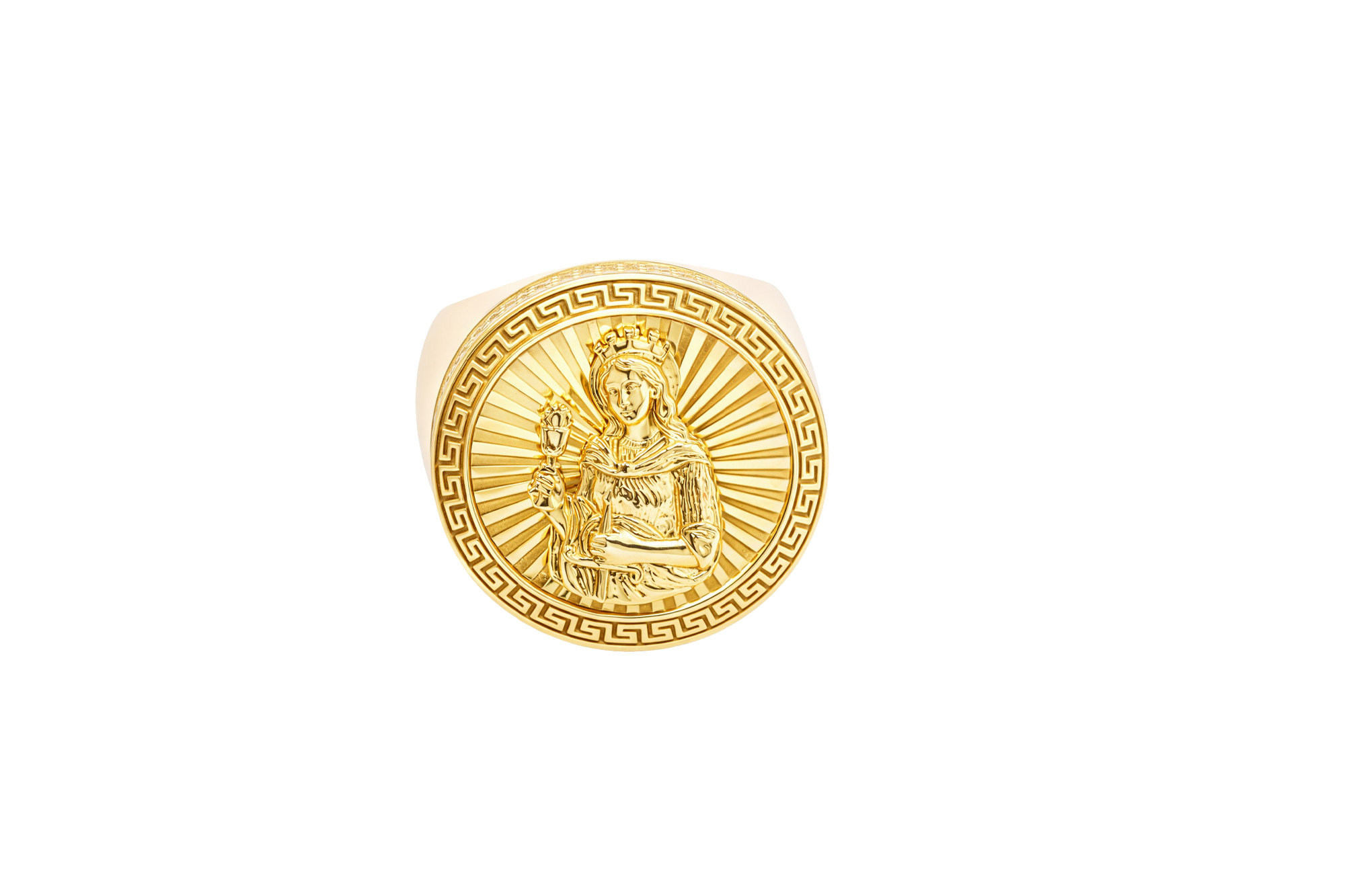 14KT Gold Ring Men's Round St Clare Greek Border Double Row White CZ Stones Outside Border Plain Band