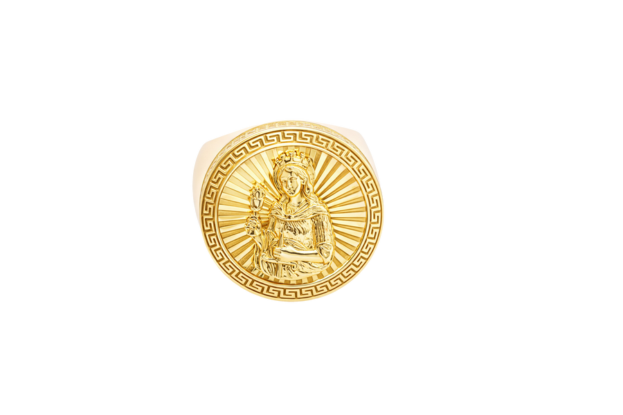 14KT Gold Ring Men's Round St Clare Greek Border Double Row White CZ Stones Outside Border Plain Band
