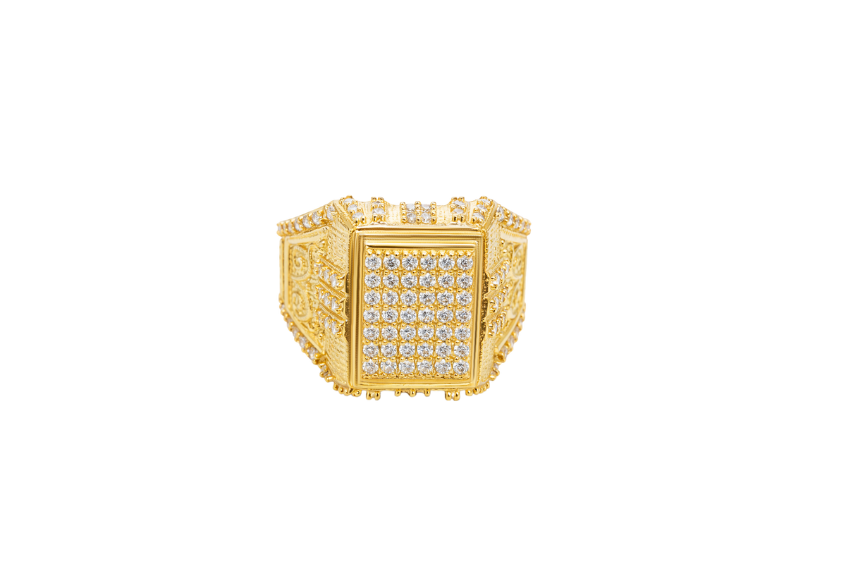 14KT Gold Ring Men's Rectangle Seven Row White CZ Stone Platform Double Plain Border Edge White Stones Shank Embossed Scrolled Design White CZ Stone Border and Three White CZ Stone Stripes