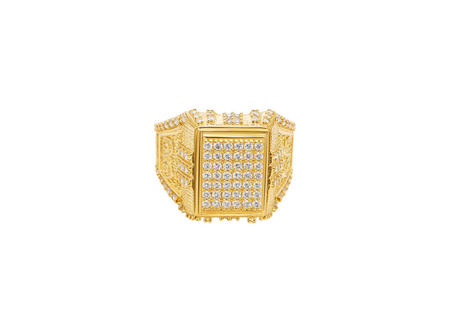 14KT Gold Ring Men's Rectangle Seven Row White CZ Stone Platform Double Plain Border Edge White Stones Shank Embossed Scrolled Design White CZ Stone Border and Three White CZ Stone Stripes