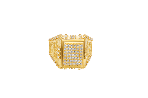 14KT Gold Ring Men's Rectangle Seven Row White CZ Stone Platform Double Plain Border Edge White Stones Shank Embossed Scrolled Design White CZ Stone Border and Three White CZ Stone Stripes