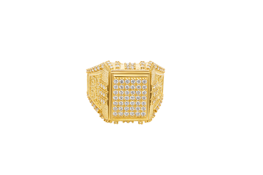 14KT Gold Ring Men's Rectangle Seven Row White CZ Stone Platform Double Plain Border Edge White Stones Shank Embossed Scrolled Design White CZ Stone Border and Three White CZ Stone Stripes