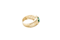 14KT Gold Ring Men's Square Green CZ Round Center Stone White CZ Stone Border Band Design Greek with Single Row White CZ Stones Border Plain Thread on Edge Border