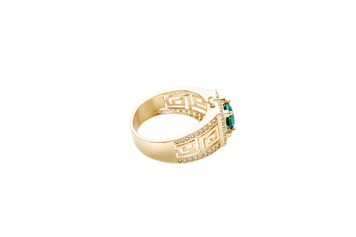 14KT Gold Ring Men's Square Green CZ Round Center Stone White CZ Stone Border Band Design Greek with Single Row White CZ Stones Border Plain Thread on Edge Border