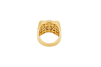 14KT Gold Ring Men's Two Tone Square Raised Virgin Mary with Sunray Background and Single Row White CZ Stone Border Corner Design One Red/Pink CZ Stone Band Design Four White CZ Stones Plain Border Stripe Etched Background