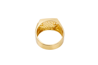 14KT Gold Ring Men's Square White CZ Stones Seven Row Center Square Design Raised 2 x 2 White CZ Stones Left/Right Edge Design with Double Row White CZ Stones Waterfall Side Design Plain Border