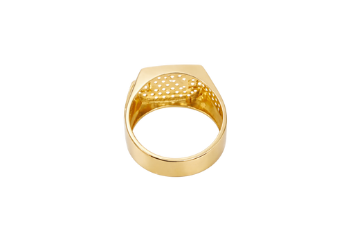 14KT Gold Ring Men's Square White CZ Stones Seven Row Center Square Design Raised 2 x 2 White CZ Stones Left/Right Edge Design with Double Row White CZ Stones Waterfall Side Design Plain Border