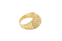 14KT Gold Ring Men's Oval 20 White CZ Stones Cluster Center with Plain Ribbed Border and Double Row White CZ Stones Sunray Pattern Border Side Design Single Row White CZ Stones Edge with Four Plain Ribbed Bars in Center