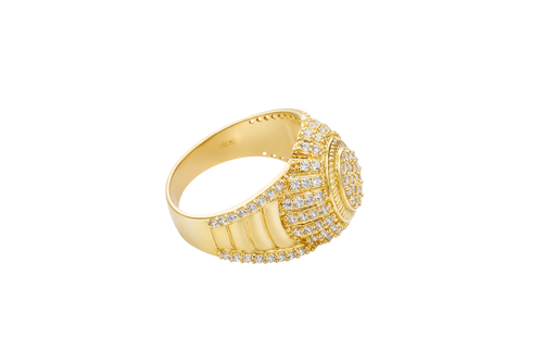 14KT Gold Ring Men's Oval 20 White CZ Stones Cluster Center with Plain Ribbed Border and Double Row White CZ Stones Sunray Pattern Border Side Design Single Row White CZ Stones Edge with Four Plain Ribbed Bars in Center