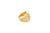 14KT Gold Ring Men's Square Raised Two Tone St. Jude Plain Border with White CZ Stone Background Plain Cross on Sides