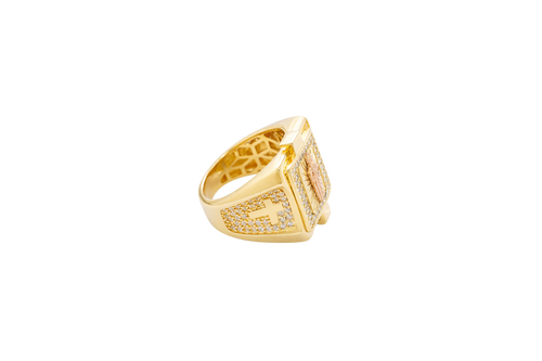 14KT Gold Ring Men's Square Raised Two Tone St. Jude Plain Border with White CZ Stone Background Plain Cross on Sides