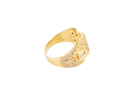 14KT Gold Ring Men's Rounded Square White CZ Stone Platform with Three Stacked Triangle Center Stones Plain Border Band Design Three Circles Plain Border Filled in U Shape CZ Stones Background