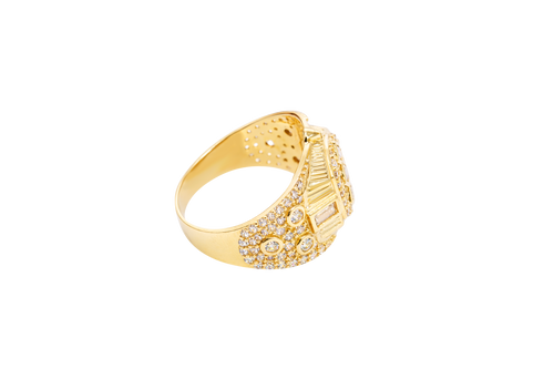 14KT Gold Ring Men's Rounded Square White CZ Stone Platform with Three Stacked Triangle Center Stones Plain Border Band Design Three Circles Plain Border Filled in U Shape CZ Stones Background