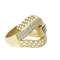 14KT Gold Ring Women's Double Lattice White CZ Stones Lasso with Greek Bar Connector