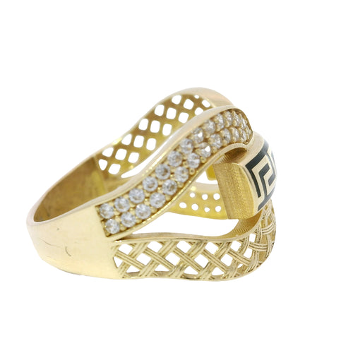 14KT Gold Ring Women's Double Lattice White CZ Stones Lasso with Greek Bar Connector