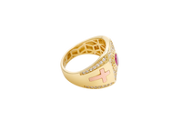 14KT Gold Ring Men's Rectangle Shape Center Platform Red Round Center CZ Stone with White CZ Stones Background Two Tone Cross on Sides with White CZ Stones Border