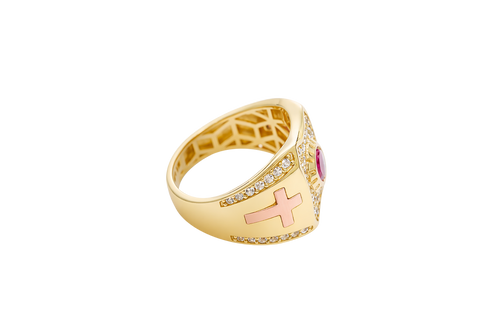 14KT Gold Ring Men's Rectangle Shape Center Platform Red Round Center CZ Stone with White CZ Stones Background Two Tone Cross on Sides with White CZ Stones Border