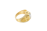 14KT Gold Ring Men's Rectangle Double Plain Border Shank Design Fleur De Lis with U Shaped White CZ Stone Border