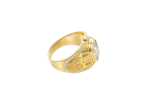 14KT Gold Ring Men's Rectangle Double Plain Border Shank Design Fleur De Lis with U Shaped White CZ Stone Border