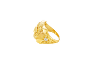 14KT Gold Ring Men's Round Raised Medusa Head with Plain Background Greek Border Band Design Single Round White CZ Stone Cutout with Greek Band Border