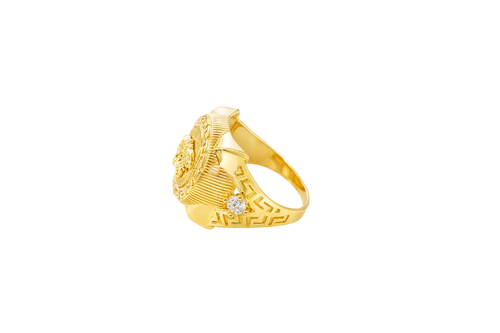 14KT Gold Ring Men's Round Raised Medusa Head with Plain Background Greek Border Band Design Single Round White CZ Stone Cutout with Greek Band Border