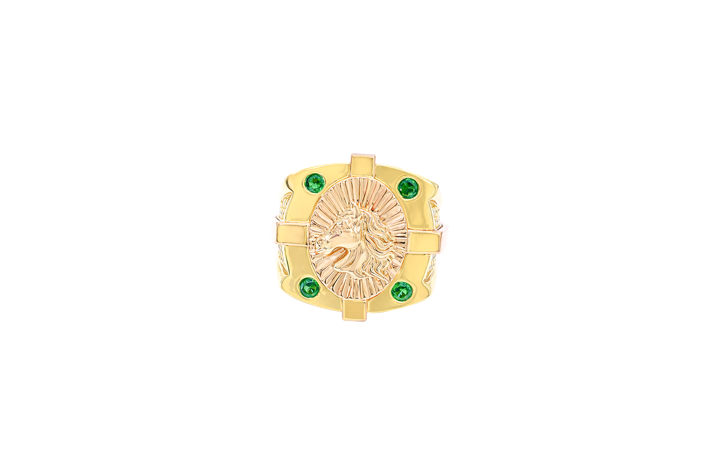 14KT Gold Ring Men's Two Tone Square Shape Oval Horse Head Portrait with Sunray Background and Corner Design One Green CZ Stone Shank Design Double Row White CZ Stone Interlocking Top/Side Cross