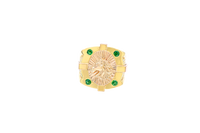 14KT Gold Ring Men's Two Tone Square Shape Oval Horse Head Portrait with Sunray Background and Corner Design One Green CZ Stone Shank Design Double Row White CZ Stone Interlocking Top/Side Cross