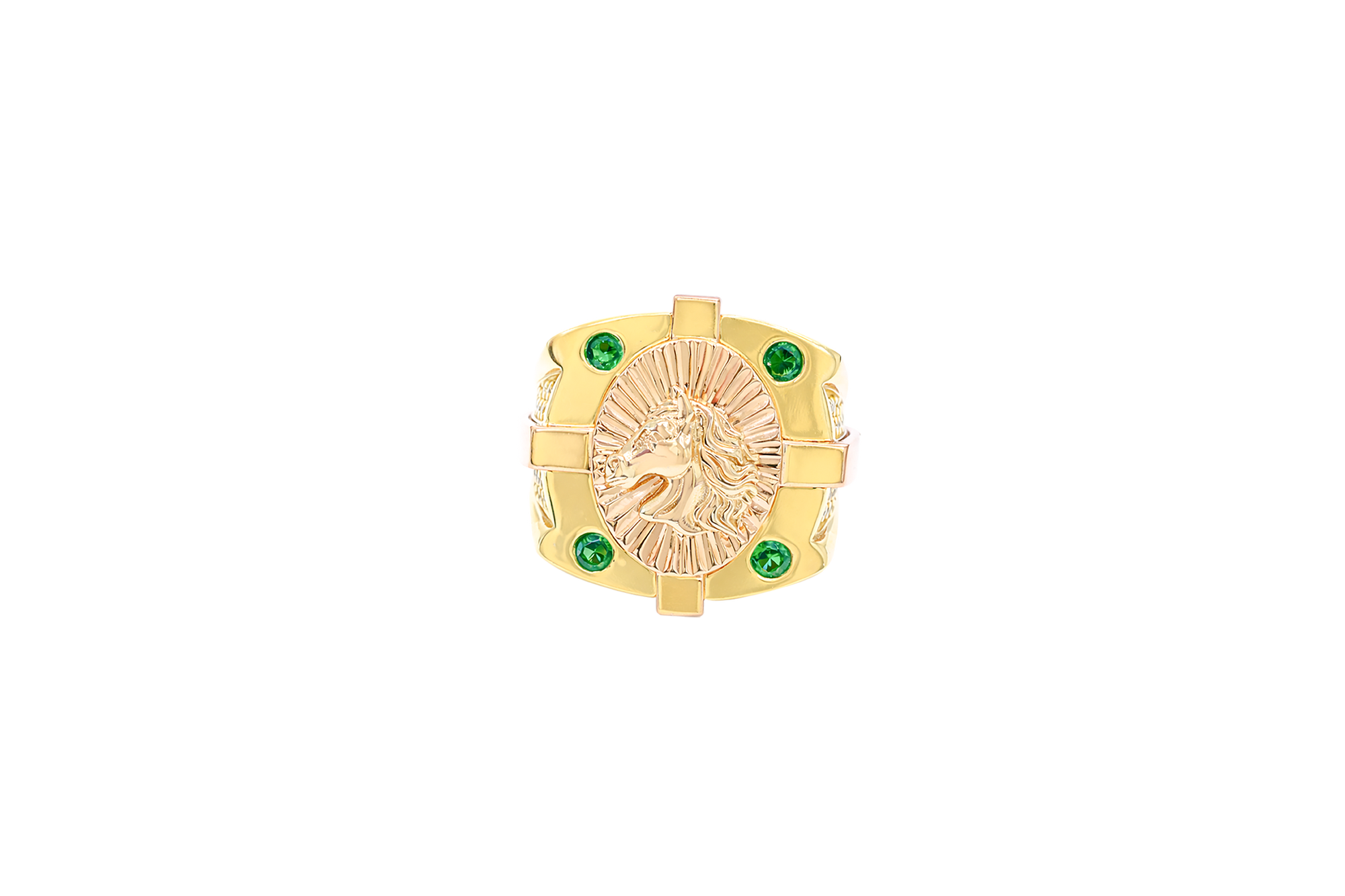 14KT Gold Ring Men's Two Tone Square Shape Oval Horse Head Portrait with Sunray Background and Corner Design One Green CZ Stone Shank Design Double Row White CZ Stone Interlocking Top/Side Cross
