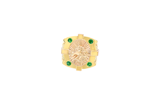 14KT Gold Ring Men's Two Tone Square Shape Oval Horse Head Portrait with Sunray Background and Corner Design One Green CZ Stone Shank Design Double Row White CZ Stone Interlocking Top/Side Cross