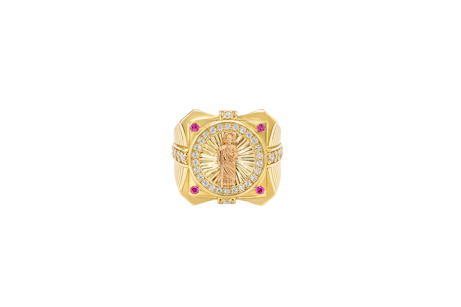 14KT Gold Ring Men's Two Tone Square Raised St. Jude with Sunray Background and Single Row White CZ Stone Border Corner Design One Red/Pink CZ Stone Band Design Four White CZ Stones Plain Border Stripe Etched Background