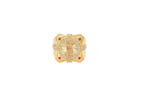 14KT Gold Ring Men's Two Tone Square Raised St. Jude with Sunray Background and Single Row White CZ Stone Border Corner Design One Red/Pink CZ Stone Band Design Four White CZ Stones Plain Border Stripe Etched Background