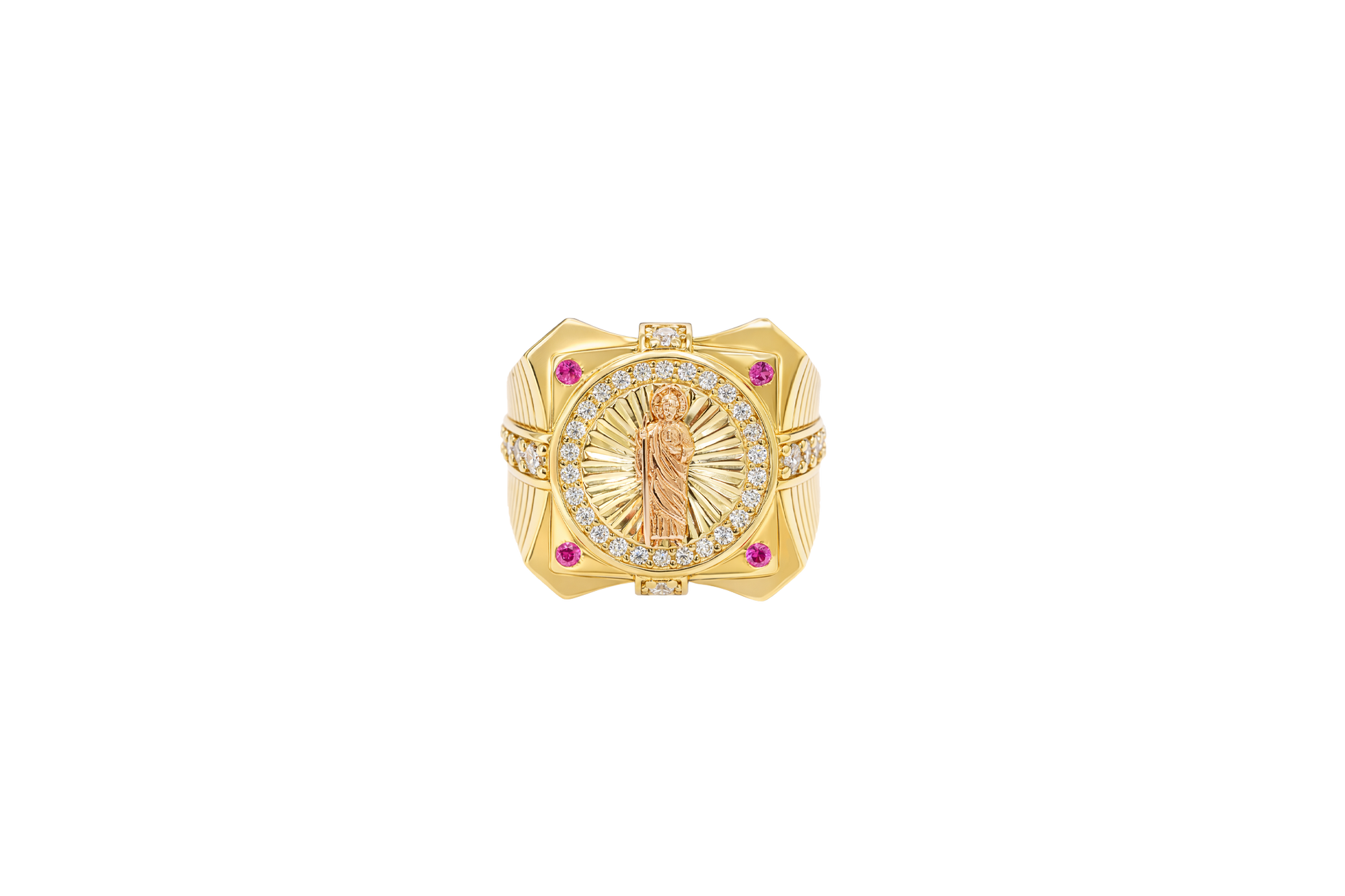 14KT Gold Ring Men's Two Tone Square Raised St. Jude with Sunray Background and Single Row White CZ Stone Border Corner Design One Red/Pink CZ Stone Band Design Four White CZ Stones Plain Border Stripe Etched Background