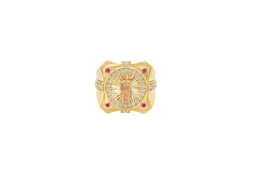 14KT Gold Ring Men's Two Tone Square Raised St. Jude with Sunray Background and Single Row White CZ Stone Border Corner Design One Red/Pink CZ Stone Band Design Four White CZ Stones Plain Border Stripe Etched Background