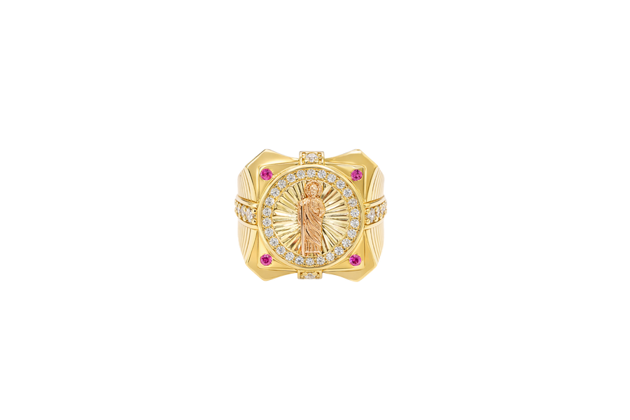 14KT Gold Ring Men's Two Tone Square Raised St. Jude with Sunray Background and Single Row White CZ Stone Border Corner Design One Red/Pink CZ Stone Band Design Four White CZ Stones Plain Border Stripe Etched Background