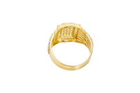 14KT Gold Ring Men's Raised Rectangle Vertical Flag Shape with White CZ Stone Rows and One Larger Round White CZ Stone Plain Triangle Shape Border as in Star position Side Design White CZ Stone Rows with Baguette/Plain Border