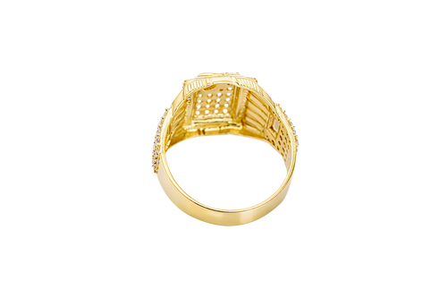14KT Gold Ring Men's Raised Rectangle Vertical Flag Shape with White CZ Stone Rows and One Larger Round White CZ Stone Plain Triangle Shape Border as in Star position Side Design White CZ Stone Rows with Baguette/Plain Border
