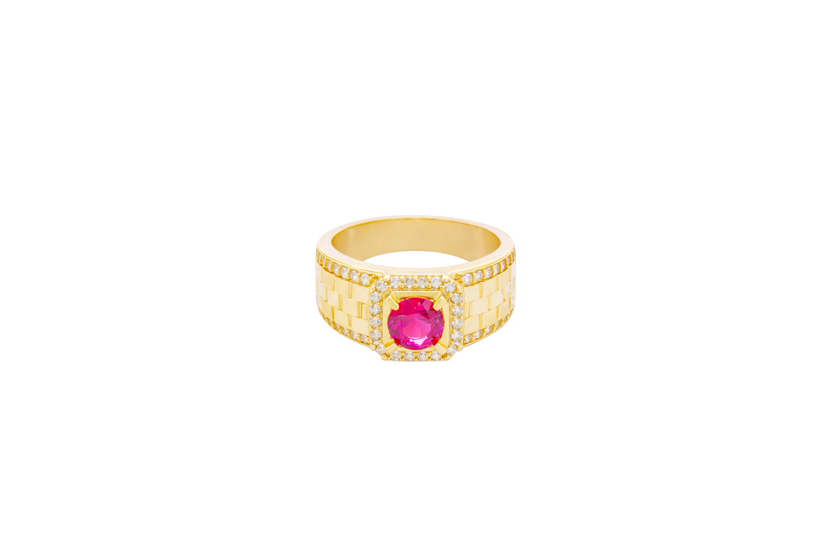 14KT Gold Ring Men's Square Red Round CZ Center Stone White CZ Stone Border Side Design White CZ Stones Border with Jubilee Watch Band Print