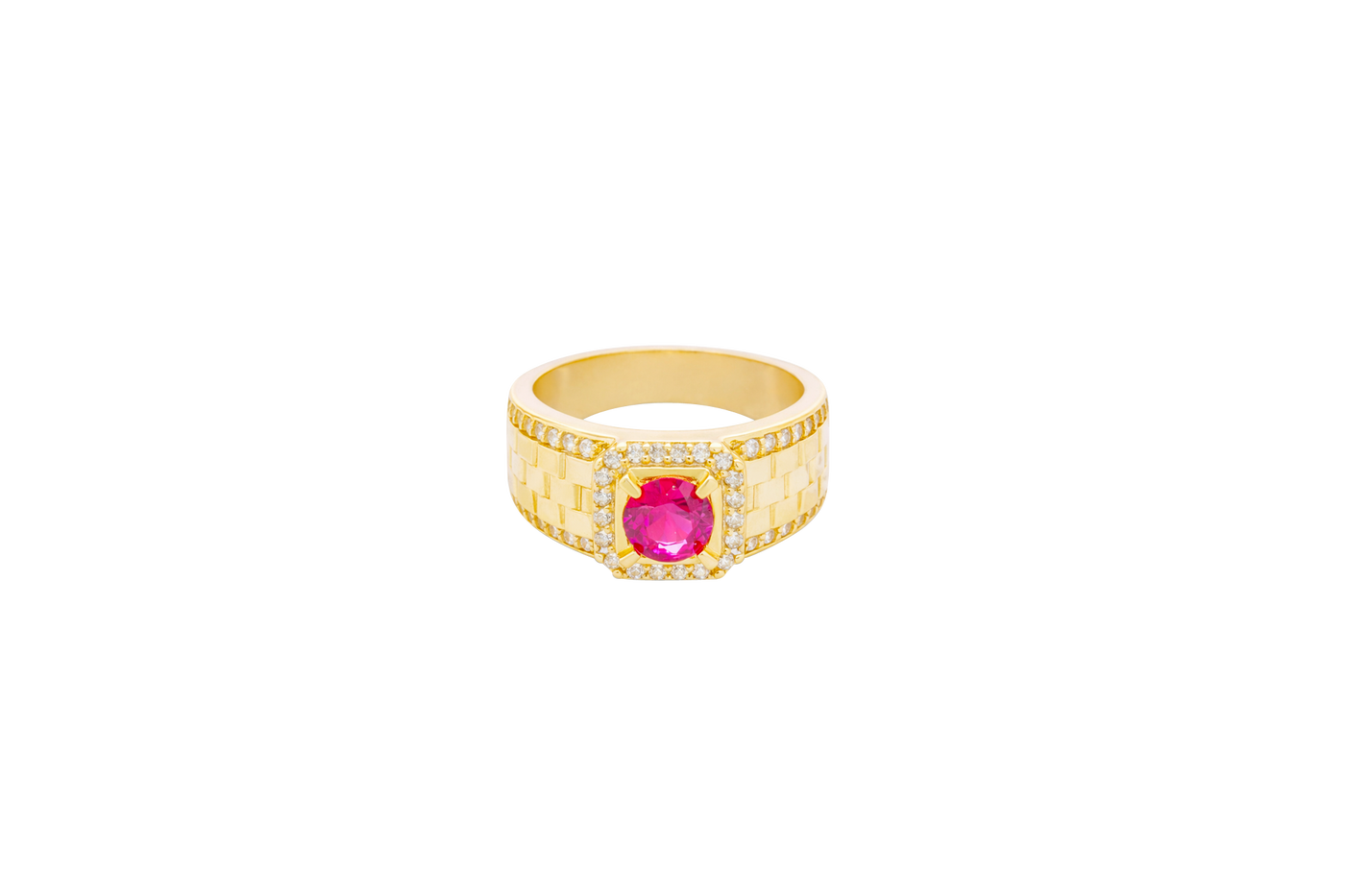 14KT Gold Ring Men's Square Red Round CZ Center Stone White CZ Stone Border Side Design White CZ Stones Border with Jubilee Watch Band Print