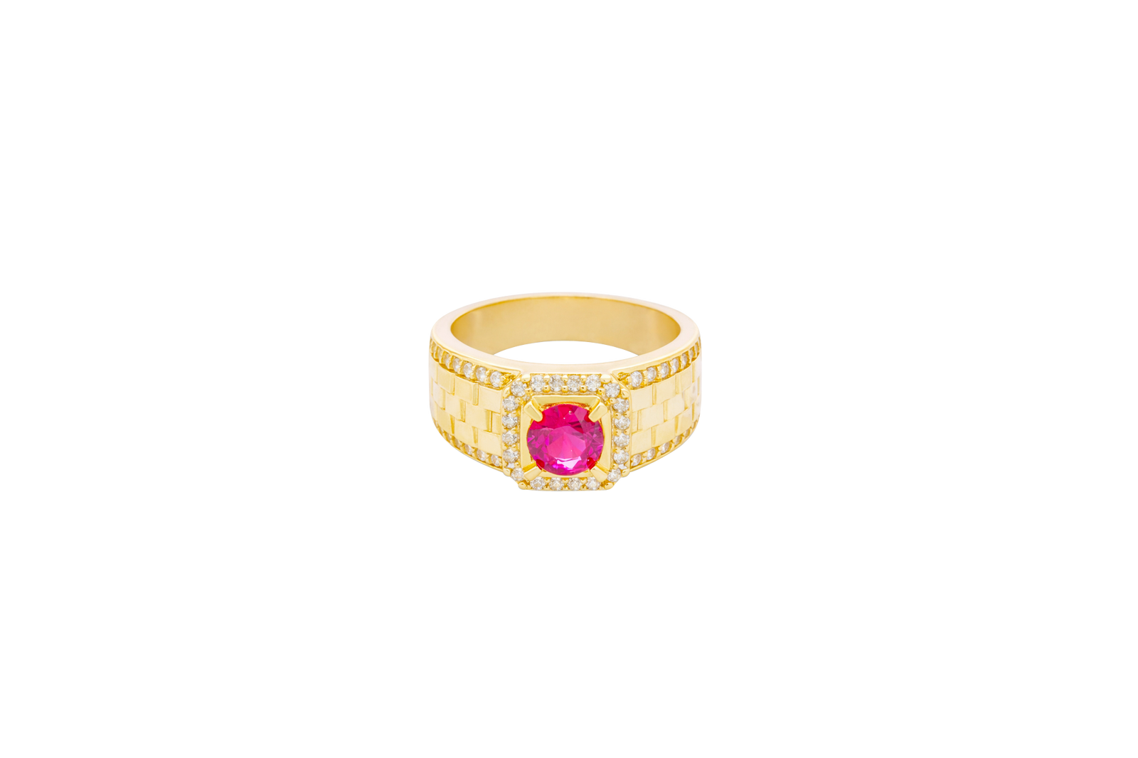 14KT Gold Ring Men's Square Red Round CZ Center Stone White CZ Stone Border Side Design White CZ Stones Border with Jubilee Watch Band Print