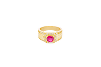 14KT Gold Ring Men's Square Red Round CZ Center Stone White CZ Stone Border Side Design White CZ Stones Border with Jubilee Watch Band Print