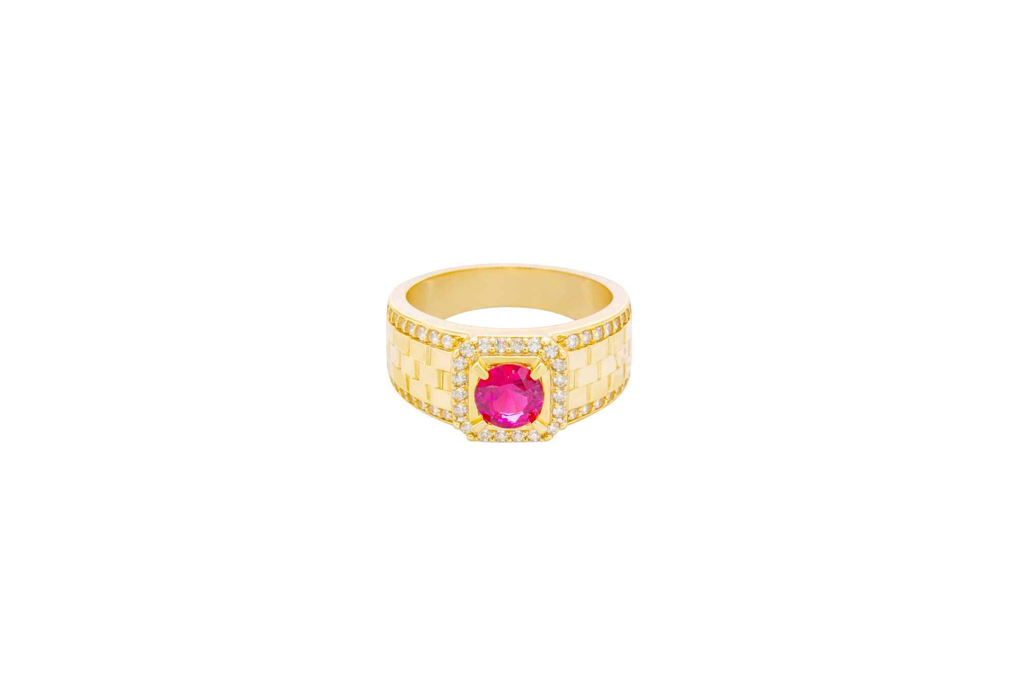 14KT Gold Ring Men's Square Red Round CZ Center Stone White CZ Stone Border Side Design White CZ Stones Border with Jubilee Watch Band Print