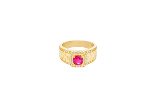 14KT Gold Ring Men's Square Red Round CZ Center Stone White CZ Stone Border Side Design White CZ Stones Border with Jubilee Watch Band Print