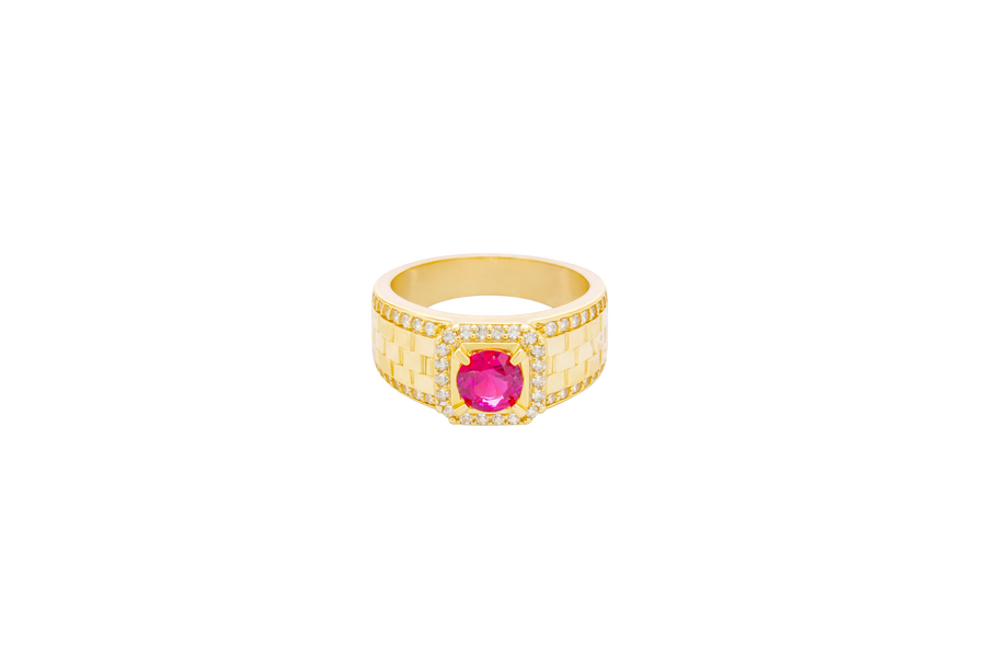 14KT Gold Ring Men's Square Red Round CZ Center Stone White CZ Stone Border Side Design White CZ Stones Border with Jubilee Watch Band Print