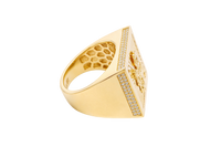 14KT Gold Ring Men's Square St. Barbara Plain Border Double Row White CZ Stones Outside Border Plain Band