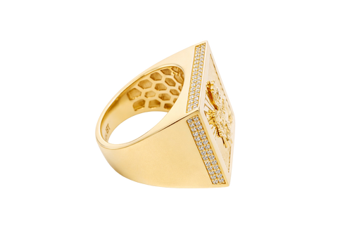 14KT Gold Ring Men's Square St. Barbara Plain Border Double Row White CZ Stones Outside Border Plain Band