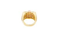 14KT Gold Ring Men's Square Tri Tone Raised Oval Full Horse with Sunray Background and Corner Design One Green CZ Stone Band Design Double Row White CZ Stone Interlocking Top/Side Cross