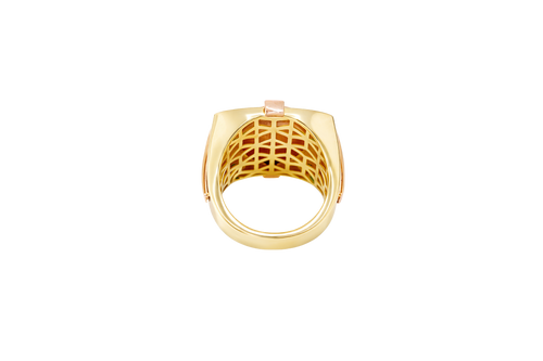 14KT Gold Ring Men's Square Tri Tone Raised Oval Full Horse with Sunray Background and Corner Design One Green CZ Stone Band Design Double Row White CZ Stone Interlocking Top/Side Cross