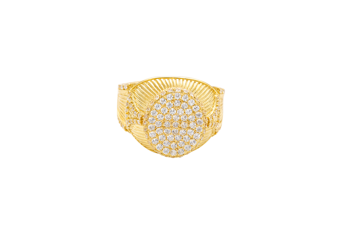 14KT Gold Ring Men's Oval White CZ Stone Raised Platform with White CZ Stone Edge Shank Etched Stripes White CZ Stone Triangle Shape and White CZ Stone Border